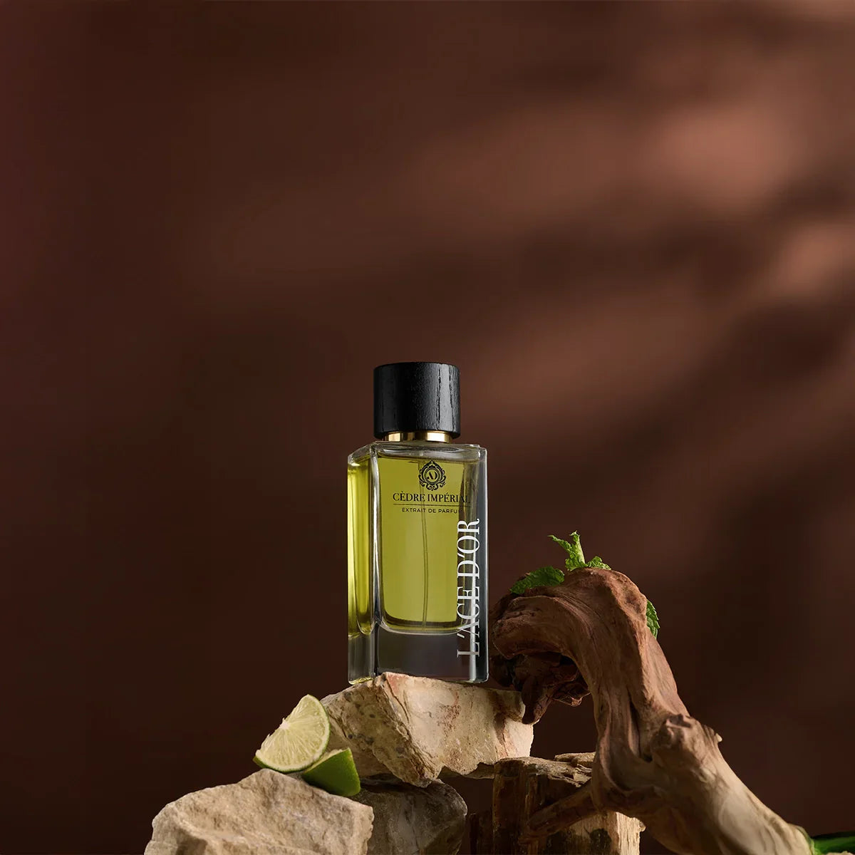 Cèdre Impérial by L’Âge d’Or Extrait de Parfum bottle with cedar wood, lime and natural stones on dark brown background