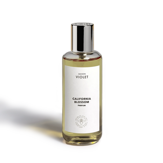 California Blossom by Maison Violet luxury perfume bottle with silver cap on white background