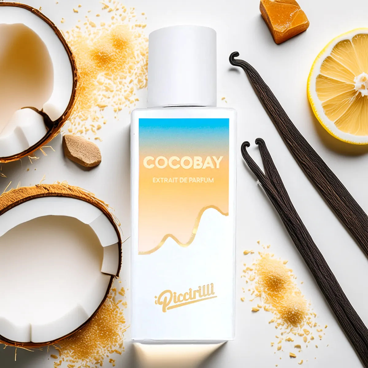 Cocobay extract de parfum bottle with coconut, vanilla, and lemon on a white background