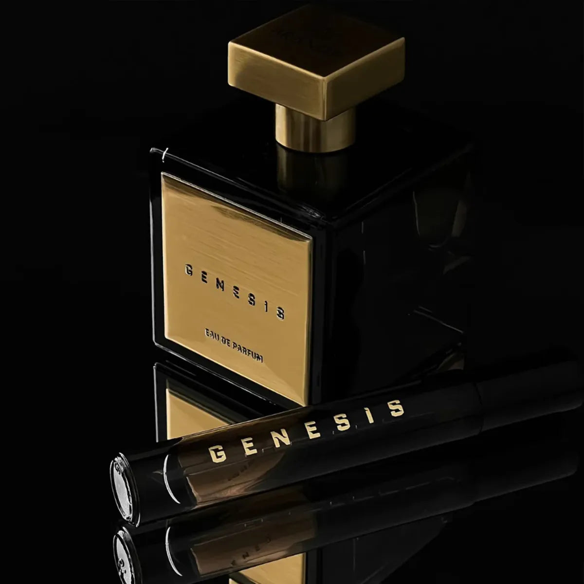 Black and gold Genesis perfume bottle on a black background