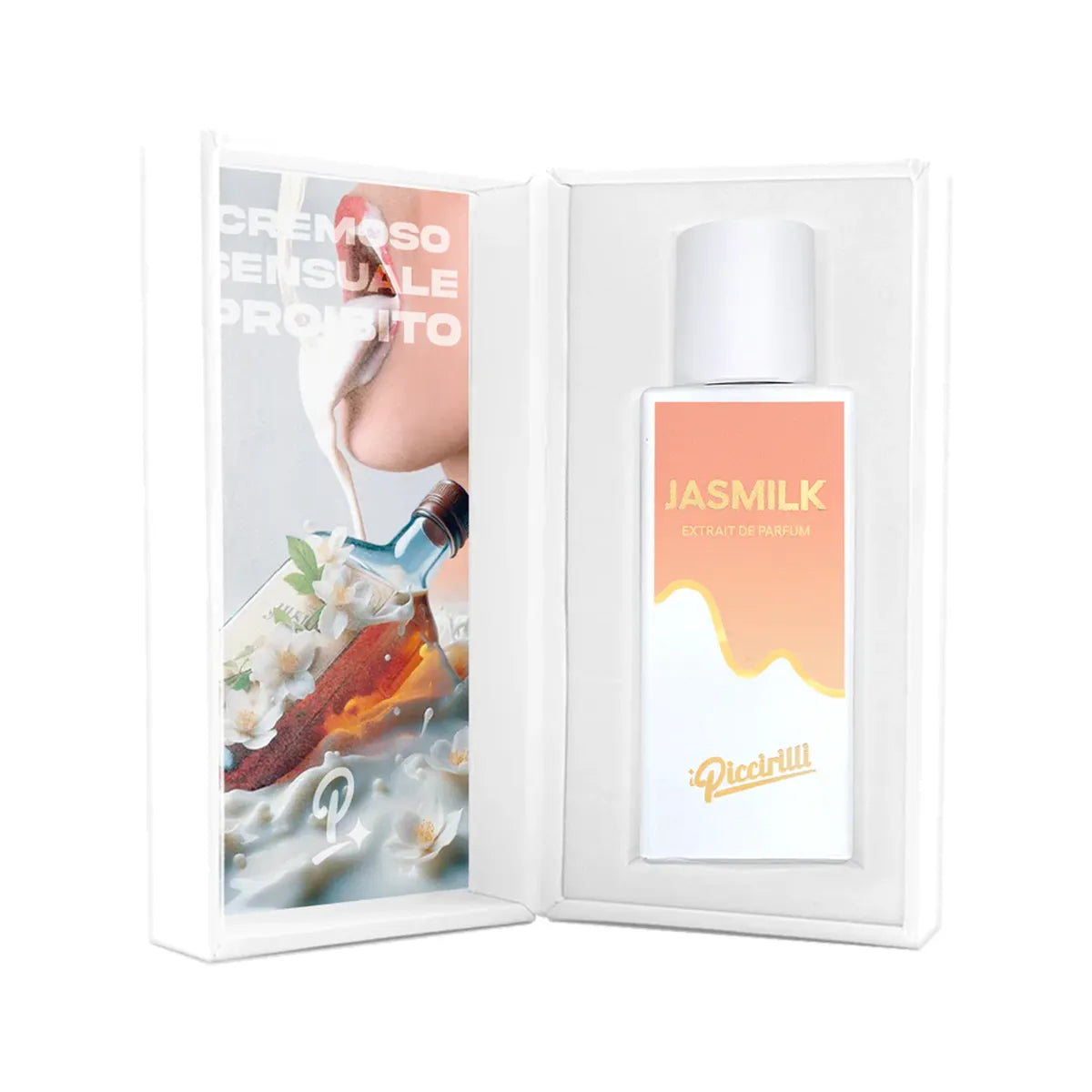 Perfume bottle with packaging labeled 'Jasmilk' on a white background