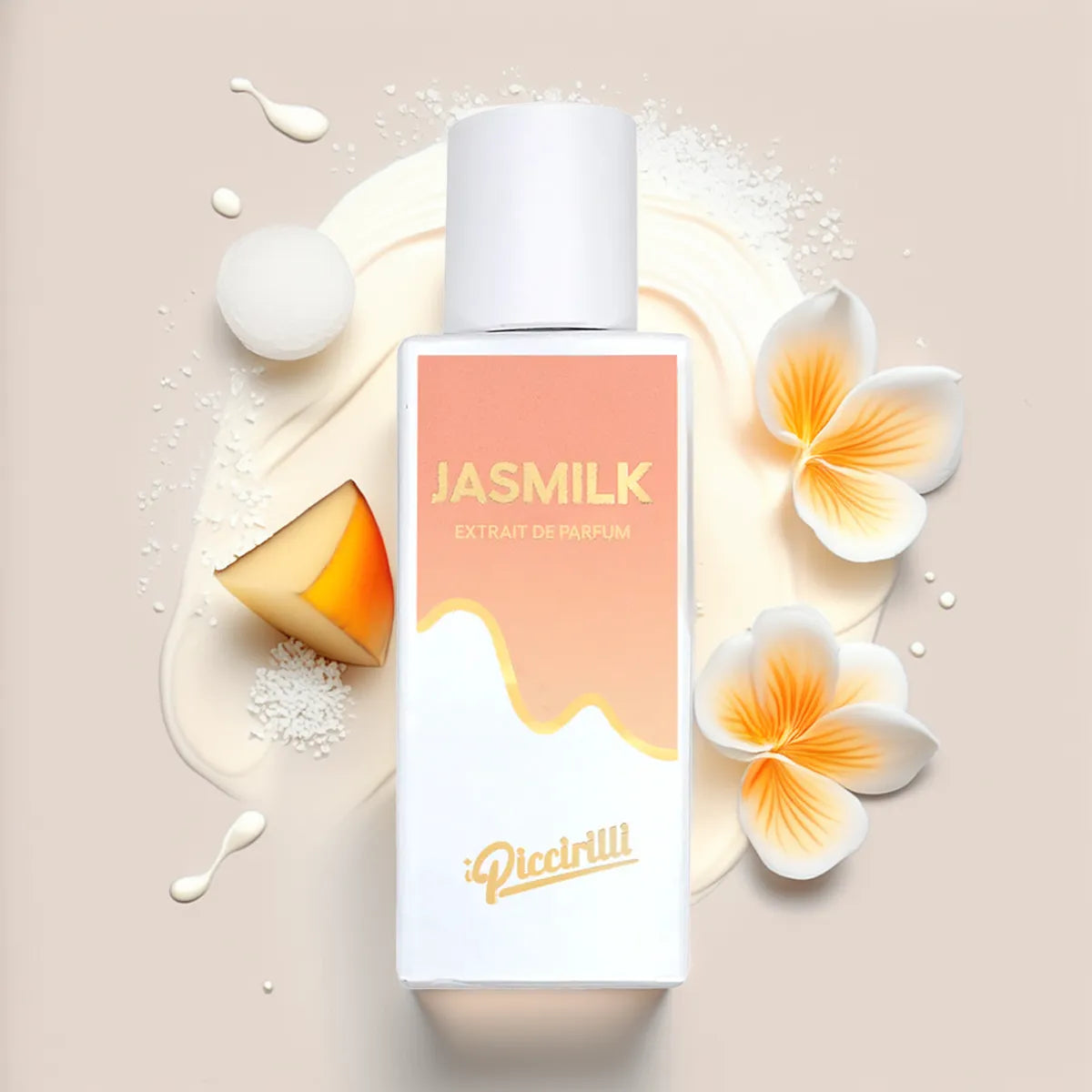 Perfume bottle labeled 'Jasmilk' with flowers and a piece of fruit on a beige background