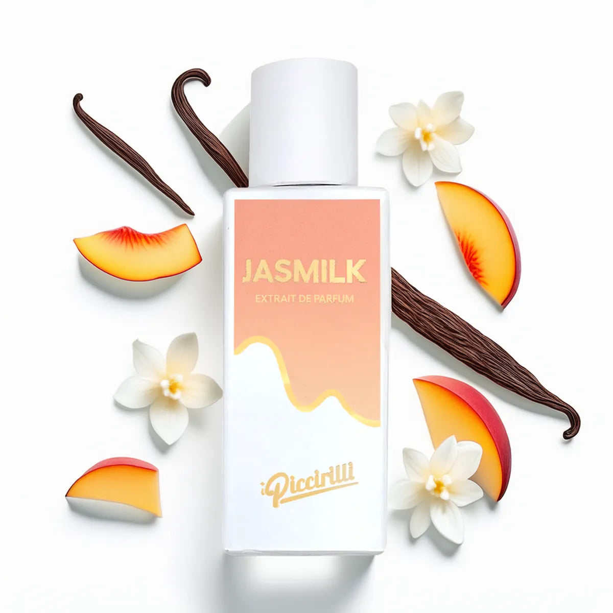 Perfume bottle labeled 'Jasmilk' with vanilla beans, peach slices, and flowers on a white background