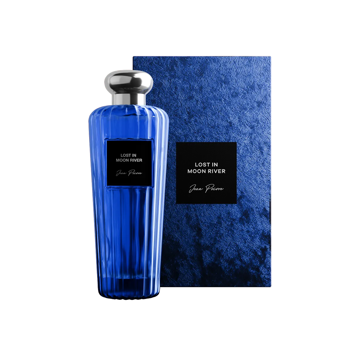 Blue perfume bottle and packaging with 'Lost in Moon River' text on a white background