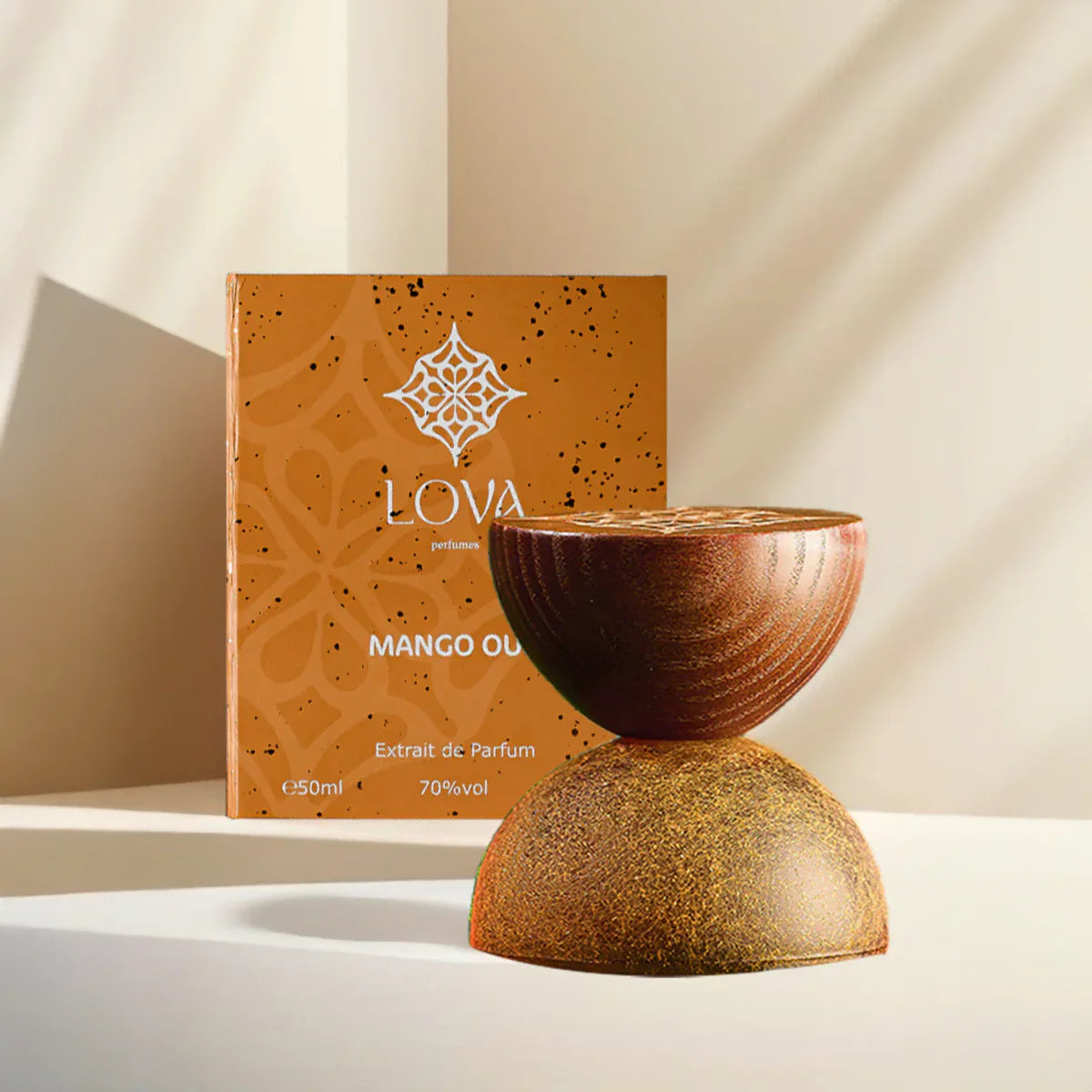 Mango Oud by LOVA luxury niche perfume bottle with packaging on neutral beige background