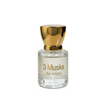 3 Musks huile de parfum bottle with clear liquid and gold cap on clean white background