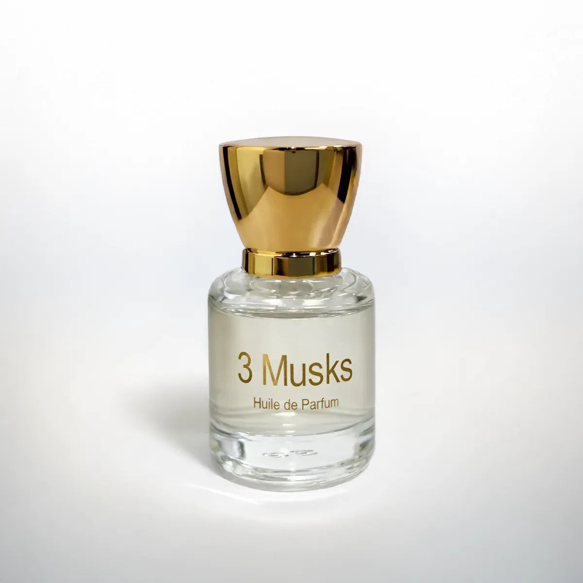 3 Musks perfume bottle with transparent glass and minimal studio lighting