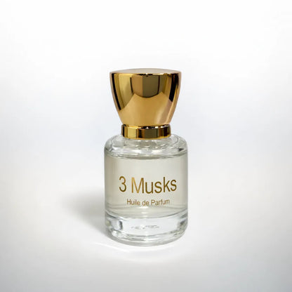 3 Musks perfume bottle with transparent glass and minimal studio lighting