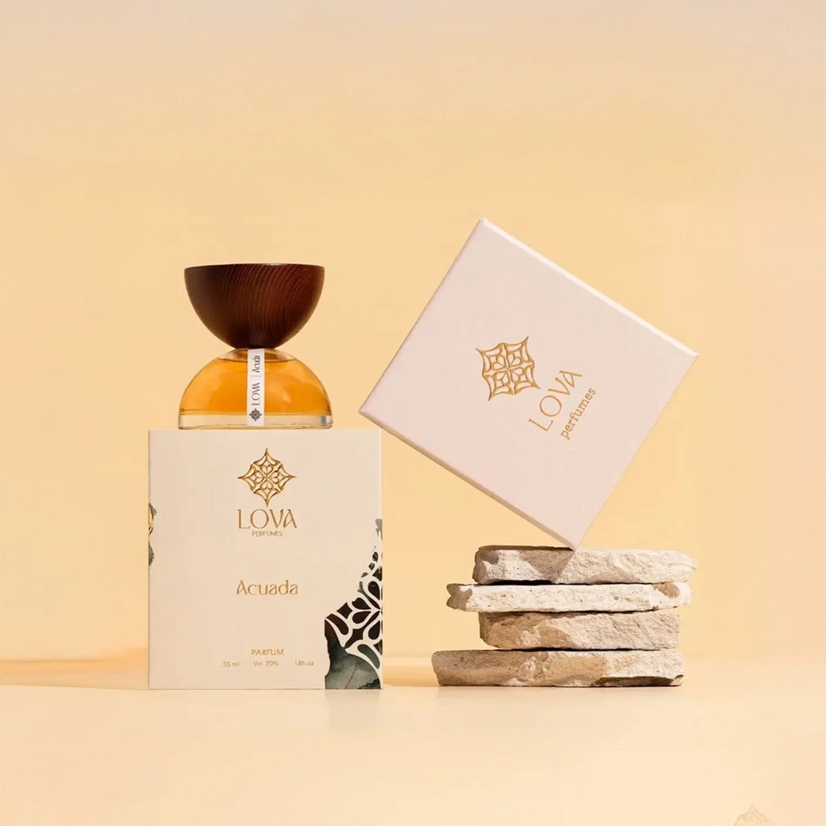LOVA perfume bottle and packaging on a beige background
