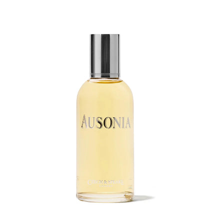 Bottle of Ausonia perfume with a silver cap on a white background