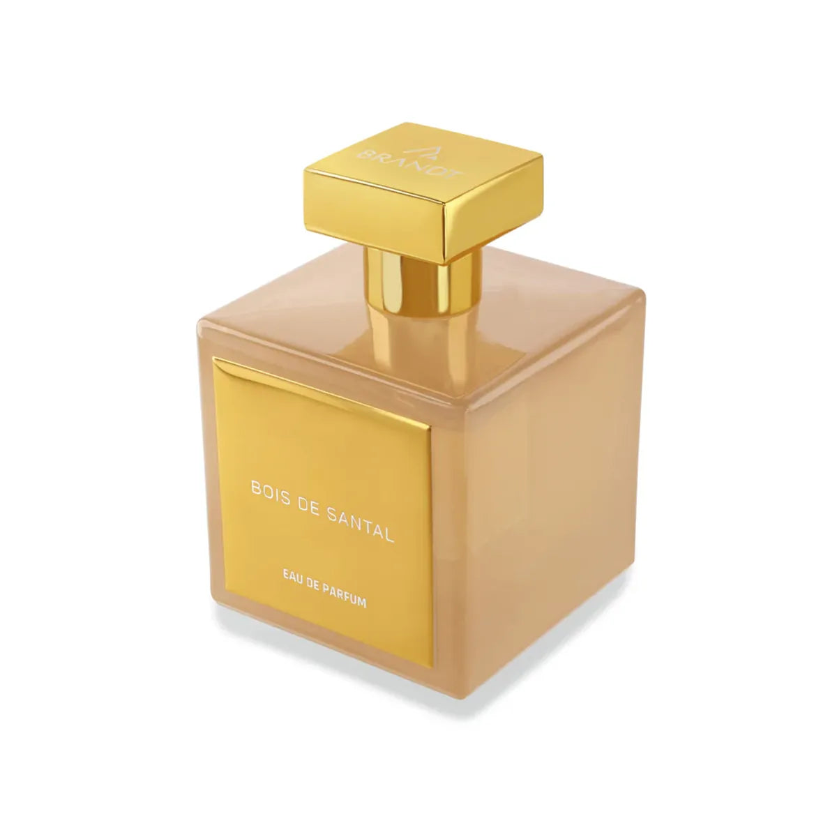 Perfume bottle with gold cap and beige body on a white background