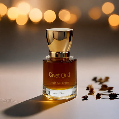 Civet Oud perfume bottle with glowing bokeh lights and delicate dried florals on a minimal surface