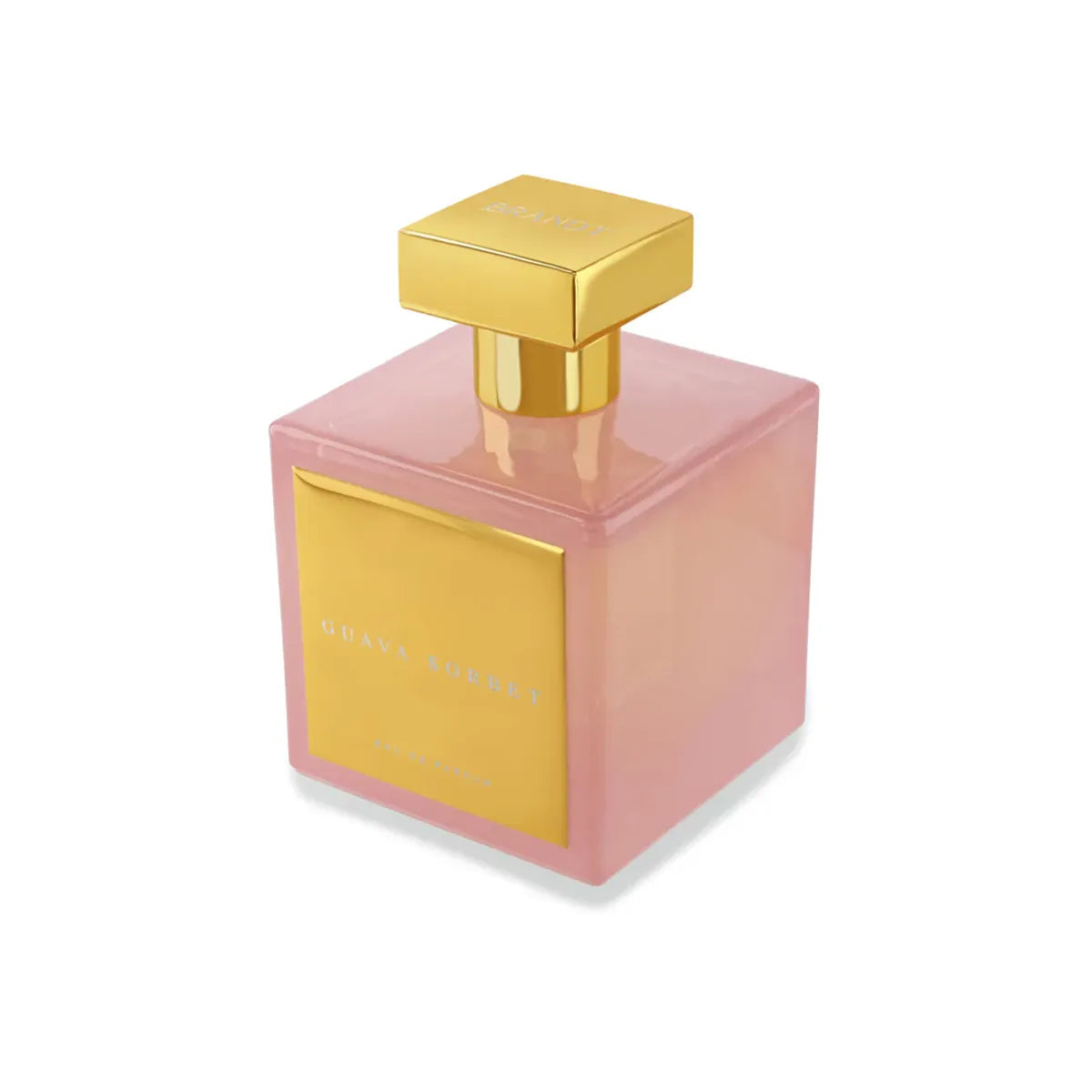 Pink perfume bottle with gold cap on a white background
