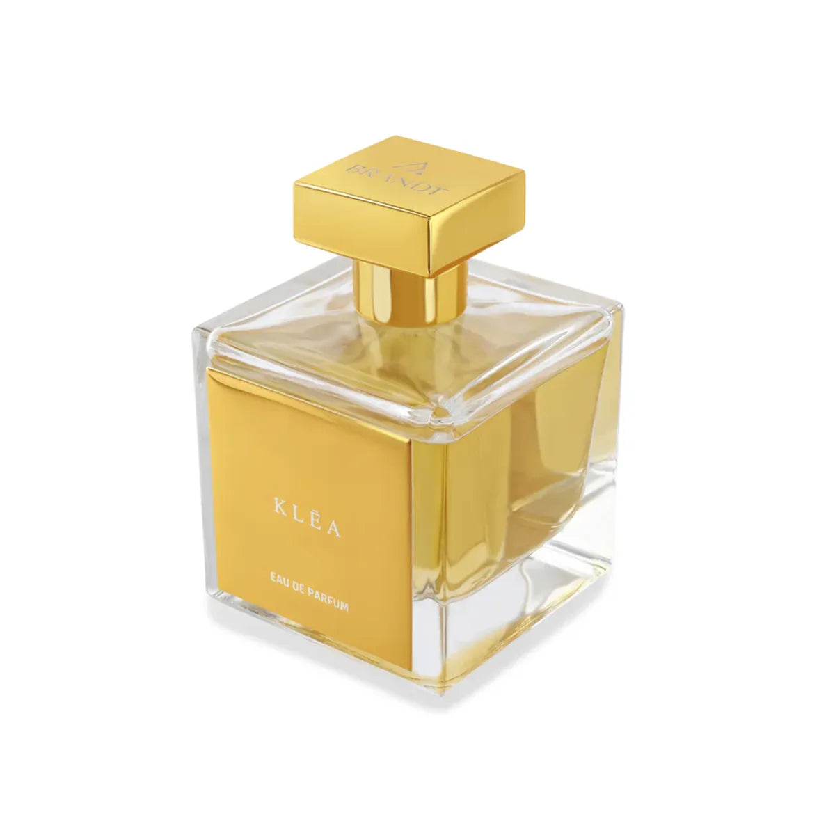 Gold and clear perfume bottle with 'KLEA' branding on a white background