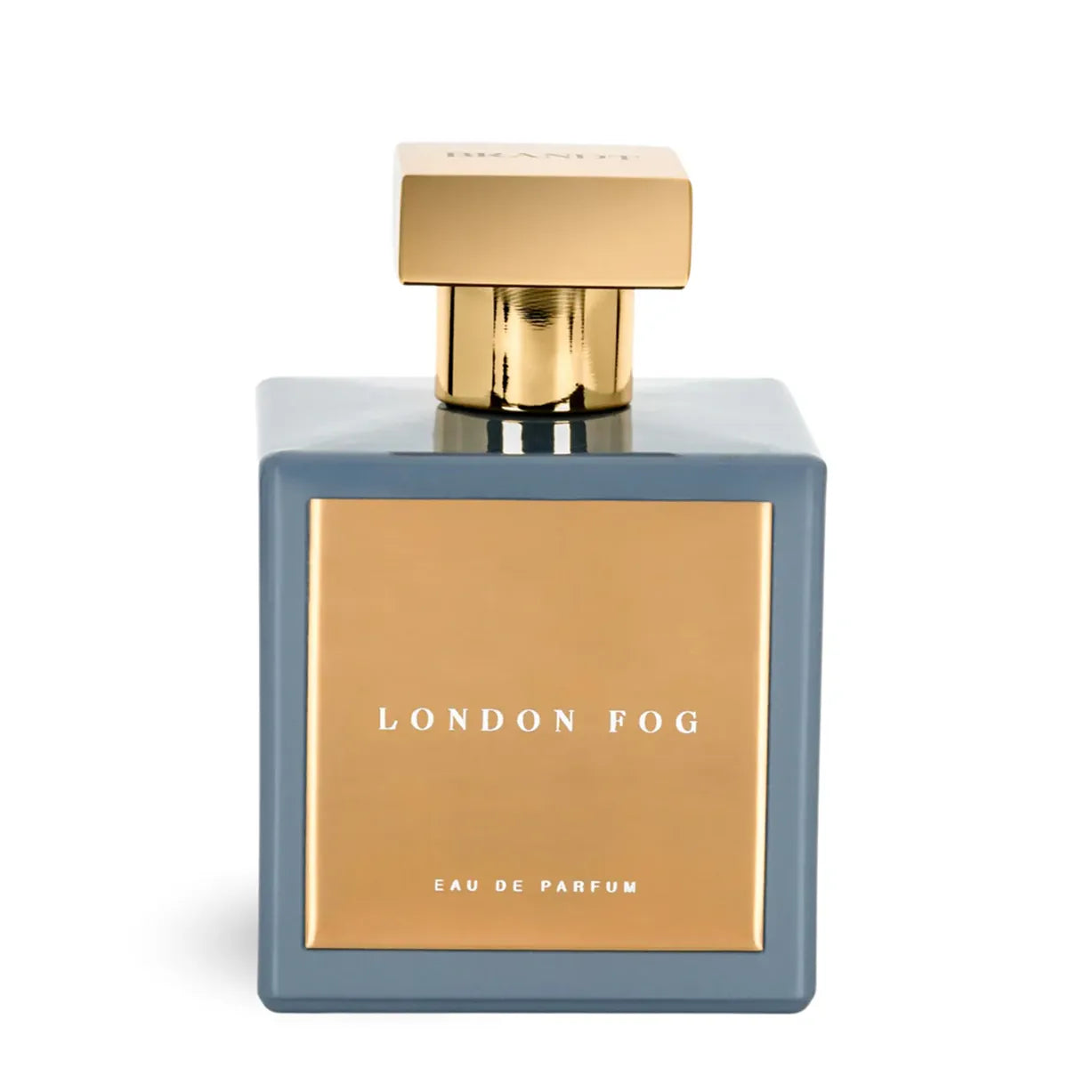 Perfume bottle labeled 'London Fog' with gold cap on a white background