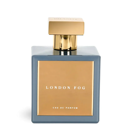 Perfume bottle labeled 'London Fog' with gold cap on a white background