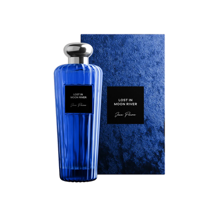 Blue perfume bottle and packaging with 'Lost in Moon River' text on a white background