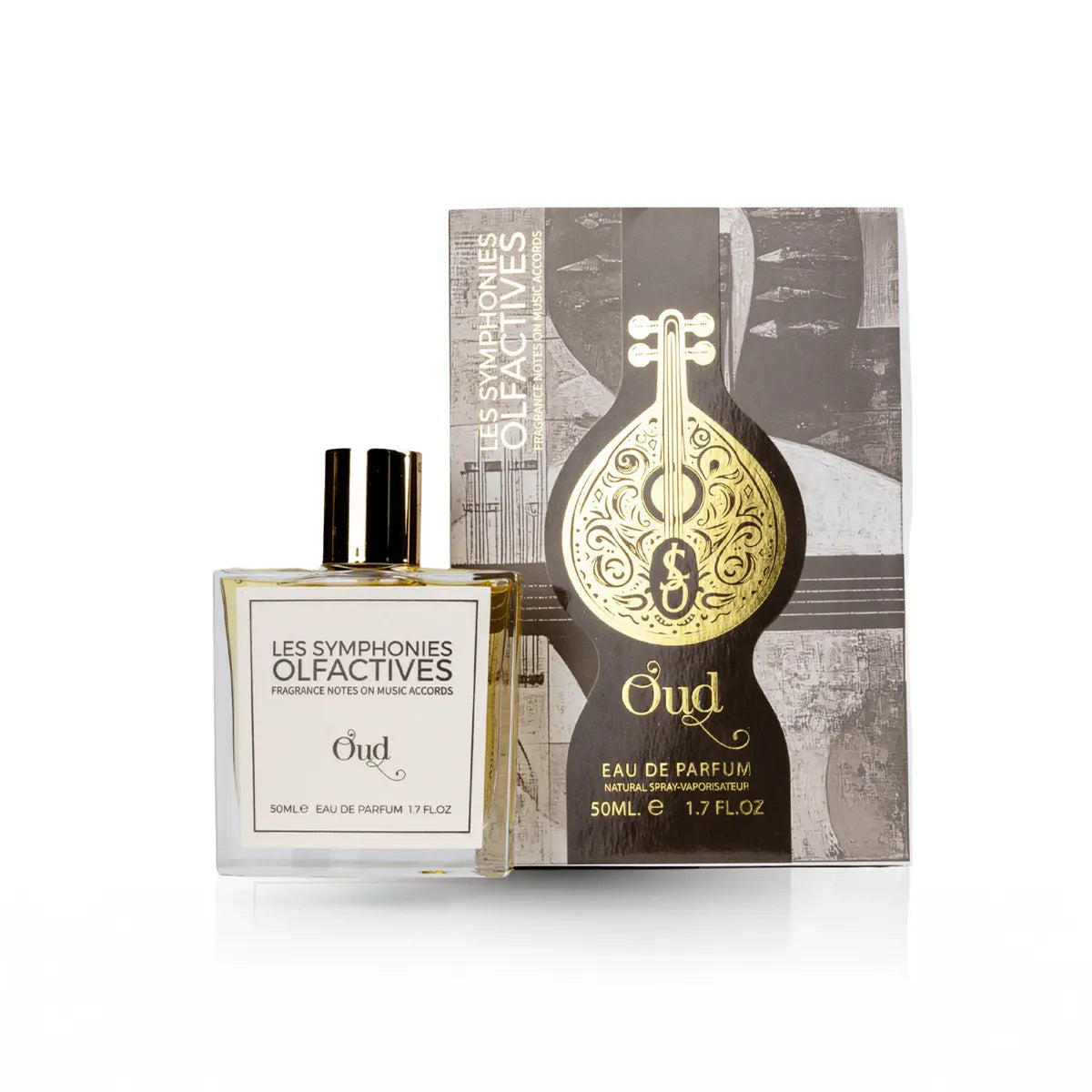 Oud perfume bottle and packaging on a white background