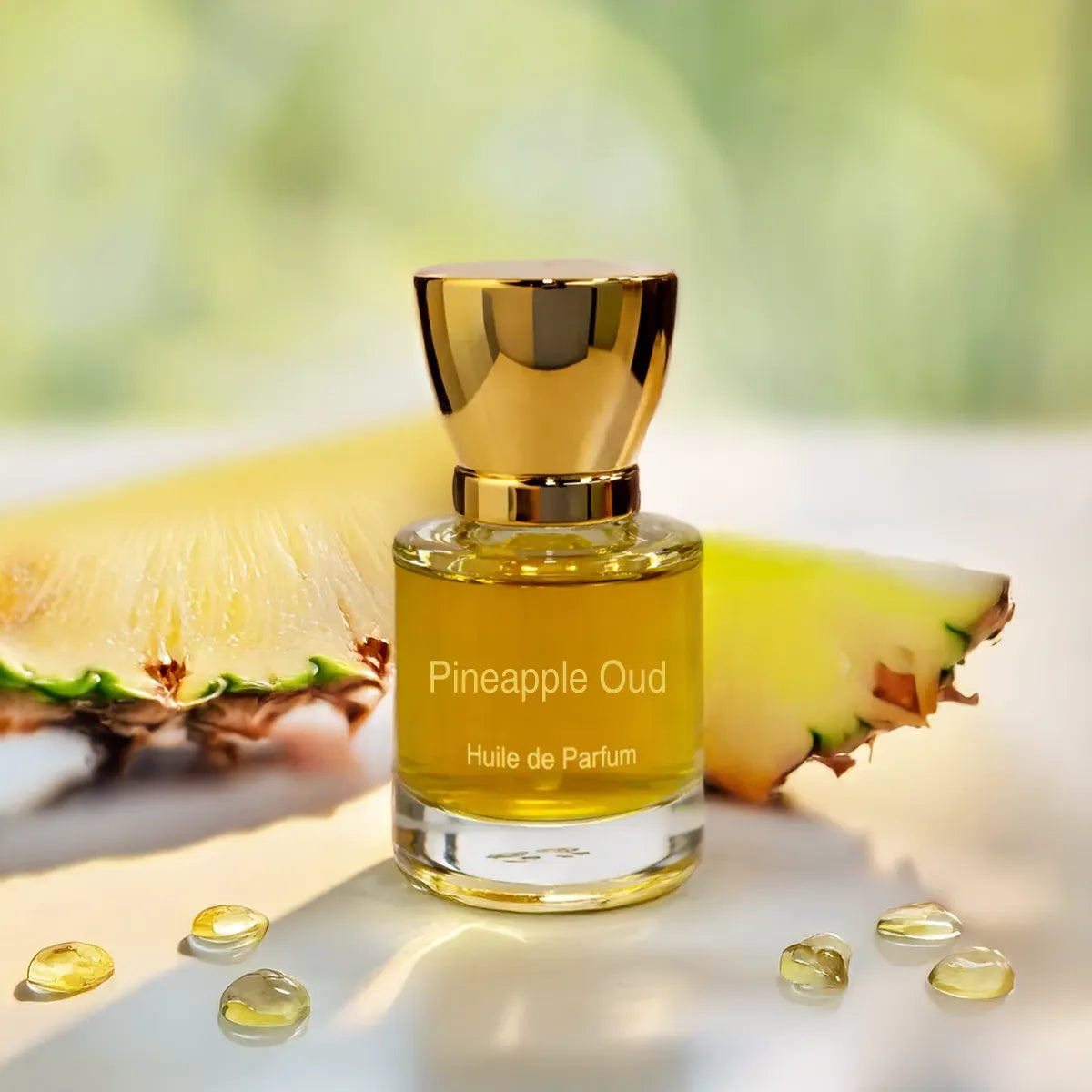 Pineapple Oud perfume bottle surrounded by sliced pineapple and soft natural light