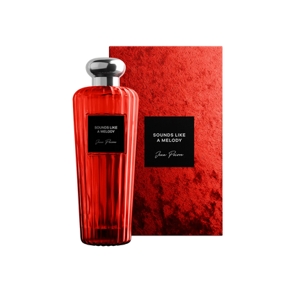 Red perfume bottle with silver cap and matching box on a white background