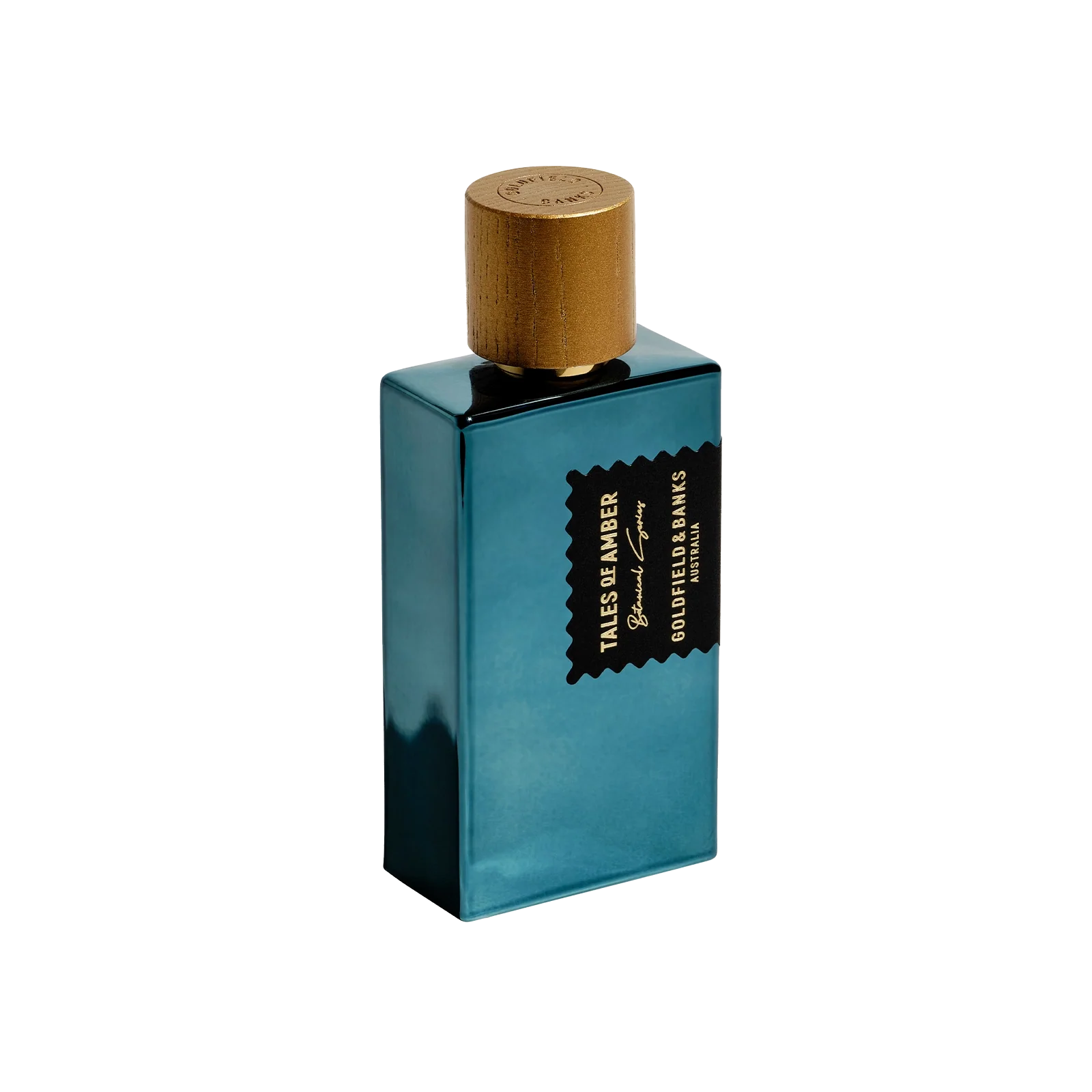 Teal perfume bottle with gold cap on a white background