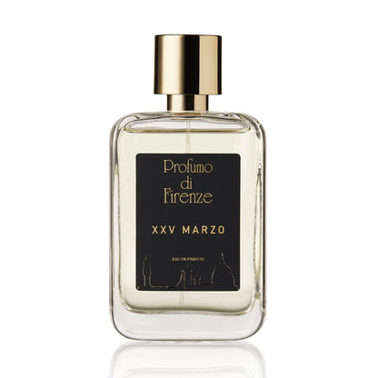 Perfume bottle labeled 'Profumo di Firenze XXV Marzo' on a white background